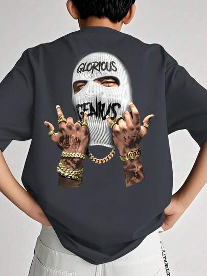 1 Piece Slogan Mask Teen T-Shirt For Boys, Casual Style, Spring & Summer Popular School Wear