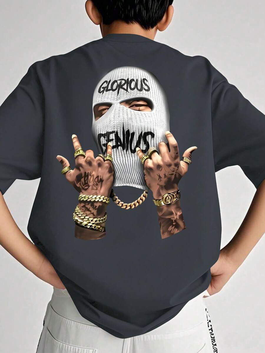 1 pieza Camiseta con estampado de eslogan y máscara, estilo casual para adolescentes, conjunto popular de primavera/verano para la escuela - Gris Oscuro - Ver 1