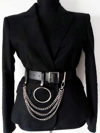 1条女士腰带，方形扣环，朋克风金属链环，时尚百搭男女通用牛仔裤腰带，个性化设计，黑色，适合日常使用