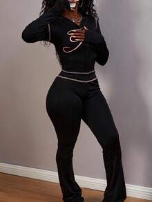 FQLWL Women's Casual Street Style Tracksuit, Printed Zip-Up Hoodie And Pants Set, Long Sleeve 2-Piece Outfit - Black - View 3