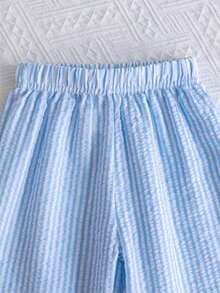 2pcs Set: Striped Bow Design Sleeveless Top With Ruffle Trim And Loose Straight Pants, Girls Outfit, Suitable For Daily Outings, Vacation, Ideal Gift, Perfect For Outdoor Activities - Blue - View 5