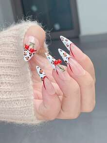 10 piezas de uñas postizas con forma de almendra larga y puntiaguda con estampado de leopardo francés para otoño e invierno, uñas con estilo picante Y2K, uñas francesas simples con estampado de leopardo en 3D pintadas a mano en rojo melocotón, uñas acrílicas postizas, uñas con puntas francesas, uñas lindas, uñas para el Día de San Valentín