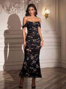 PARTHEA Off Shoulder Mermaid Hem Mesh Ruched Bodycon Long Dress - Black and Gold - View 7