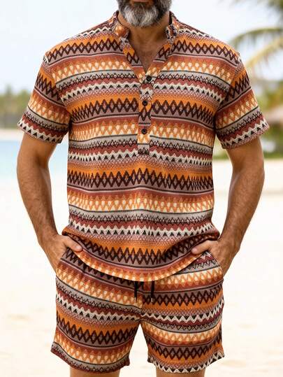 GOLDREDY Herren Mode Klassisch Personalisiert Mehrfarbig Wellig Gestrickt Elastisch Halb Offen Stehkragen Kontrast Knopf Kordelzug Design Lässig Streetwear Sommer 2-teiliges Set