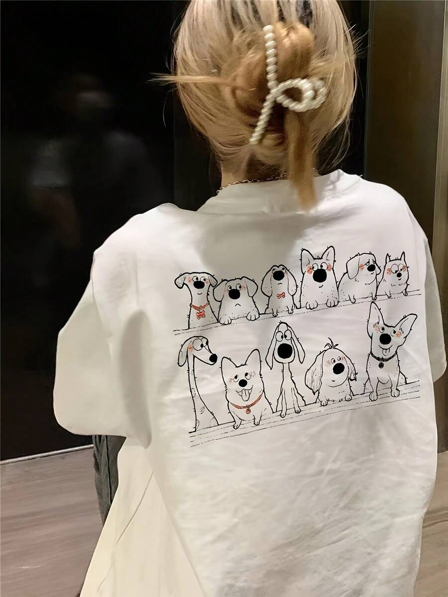 Camiseta Women's Soft Breathable Pure T-Shirt - Cute Puppy Print Round Neck Casual Everyday Summer Top - Machine Washable Everyday Tee For Women, Relaxed Fit Shirt, Playful Design, Comfortable Material, Dog Lovers - 白色 - 查看 1