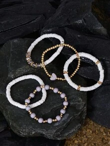 Opalesca 5pcs/Set Elegant Gray Soft Ceramic Heart Bead Multi-Layer Bracelet Set, Artificial Crystal Elastic Bracelet, Suitable For Ladies Daily Wear, Dating, Party, Mother's Day, Friendship Bracelet - Multicolor - View 3