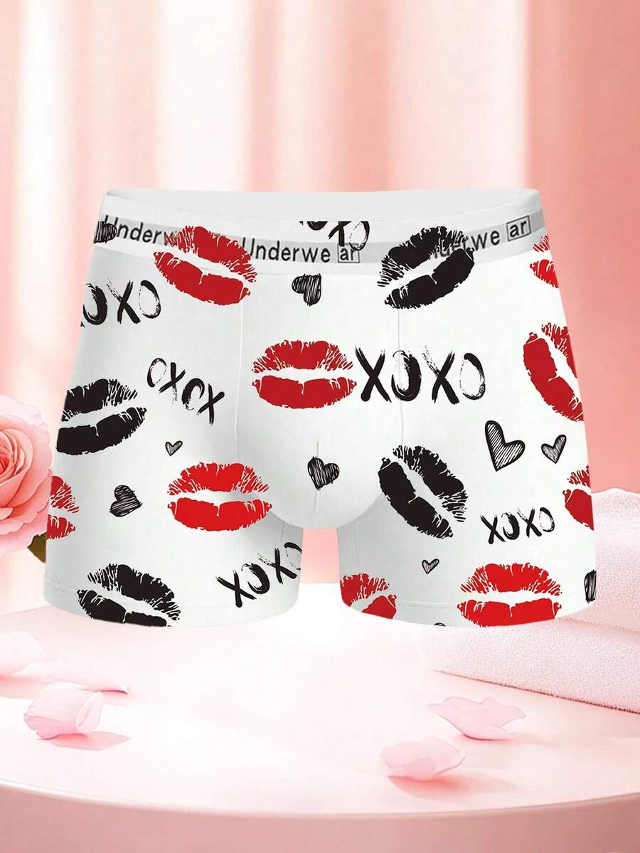 Men's White Printed Boxer Briefs With Letter & Lip Graphic Patterns, Elastic Everyday Underwear - White - View 1