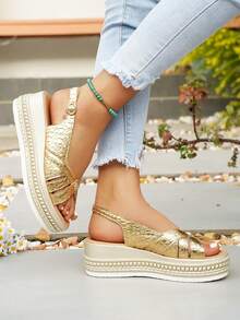 Women's Thick Sole Platform Sandals, Versatile For Teenagers, Summer - Gold - View 2