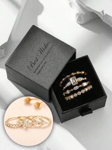 Elegant Rhinestone Ring Gift Set, Luxury Shiny Cubic Zirconia Fashion Jewelry For Women, Copper Material Non-Fading And Hypoallergenic, Ideal Holiday Gift - Gold - View 9