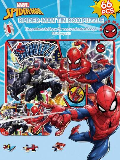  66PCS Marvel Officially Licensed Spider-Man Jigsaw Puzzle Fun Digital Jigsaw Puzzle Colorful Printing Clear With Drawing Exquisite Iron Box Packaging Birthday Gift For Friends Marvel Fans