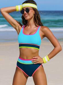 popvil 女士运动风撞色拼接露背比基尼套装，适合夏季度假海滩 - 藏蓝色 - 查看 3