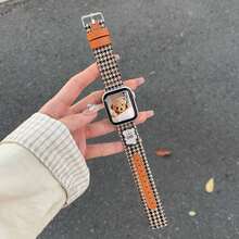 1 Pc Cute Cartoon Plaid Leather Compatible With Apple Watch Band For Women 38mm 40mm 41mm 42mm 44mm 45mm 46mm 49mm , Strap Compatible With Apple Watch Link Series Ultra S11/10 9/8/7/6/5/4/3/2/1 SE - Brown - View 3