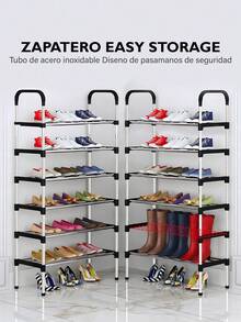 Organizador de zapateros de 4/5/6/7 Niveles , Rack de Acero Inoxidable - Organizador de Zapatos Simple y Fácil de Montar - Mueble Organizador de Ropa con Correas - Estante para Zapatos con Racks para Ropa y Sombreros - El Solución Definitiva para la Organización de Ropa y Zapatos - Negro - Ver 4