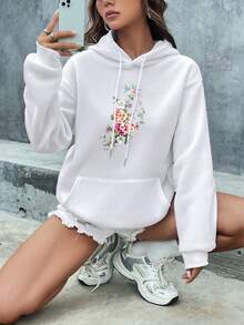Black Hooded Sweatshirt For Women Floral Pattern Print Loose Casual Versatile Jacket For Spring Autumn Winter Outdoor Wear - White - View 1