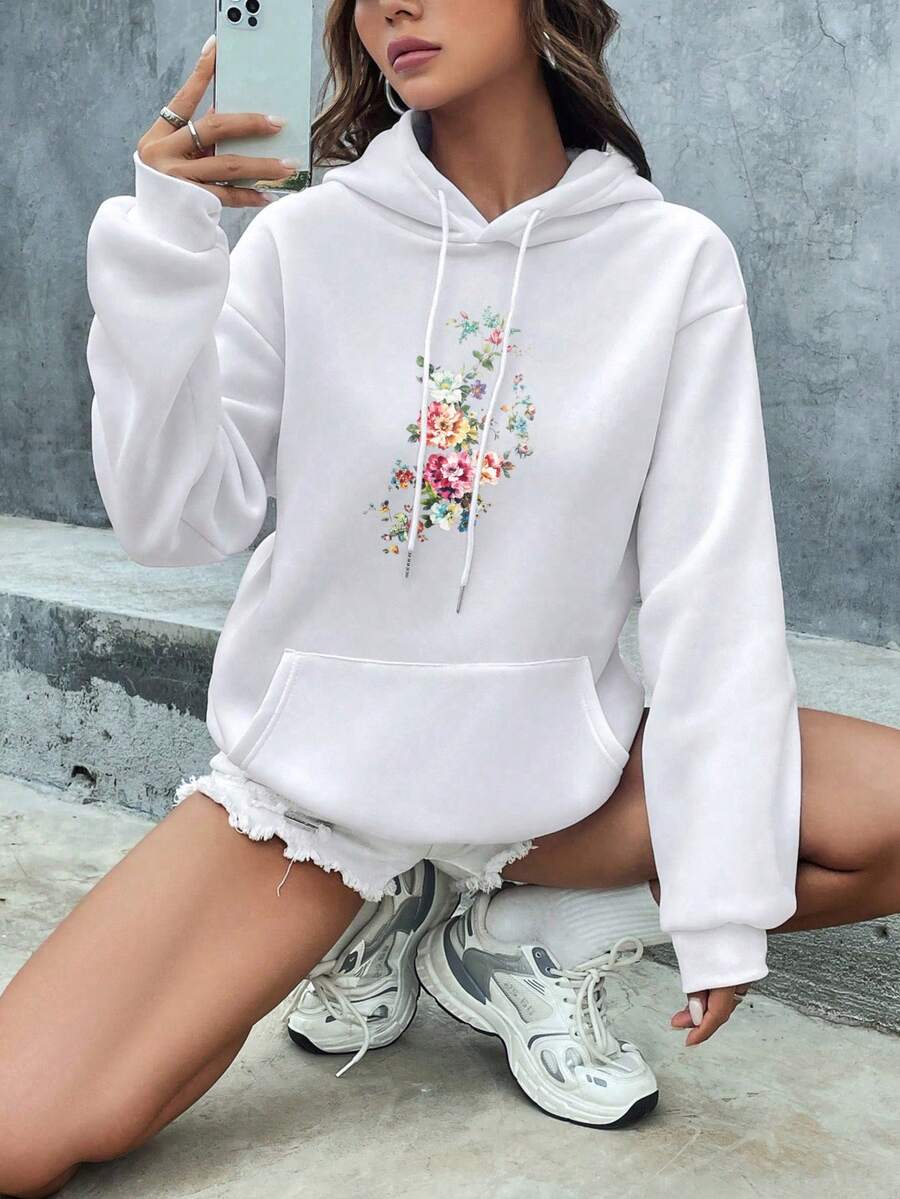 Black Hooded Sweatshirt For Women Floral Pattern Print Loose Casual Versatile Jacket For Spring Autumn Winter Outdoor Wear - White - View 1