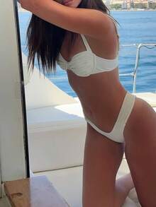 Black Underwire Bikini Set For Women, Ruched Halter Bikini Top With High Leg Low Rise Bottom, Old Money Minimal Swimwear - White - View 8
