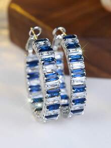 1 Pair Of Shimmering Luxury Two-Tone Synthetic Zirconia Striped Women's Earrings Elegant And Versatile Jewelry Designed For Women And Girls Captivating Party Accessories - Royal Blue - View 2