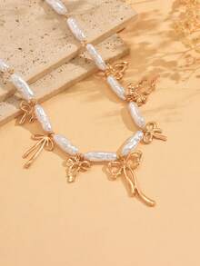 1pc Elegant Versatile Long Faux Pearl CCB Beaded Clavicle Chain, Romantic Alloy Bow Pendant Necklace, Fashion Jewelry For Women, Suitable For Daily Wear And Party/Date - Multicolor - View 3