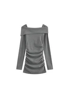 Elegant & Chic Korean Style Asymmetrical Collar Thick Waist Pleated Slim Fit Bodycon Dress - Grey - View 6