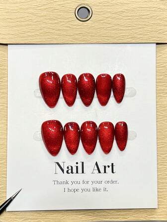 10pcs Handmade Nails Almond Nails Artificial Press On Nails Short, Minimalism Red Nails, Flashy Cateye, Simple Elegant Luxury Handcrafted Nails Autumn Nails, Modern Fall Press On Nails, Versatile Nails DIY False Nail Art Party Daily & Dating Use Beach Tropical Getaway Suitable Reusable, For Women & Girls As Gift Nail Supplies