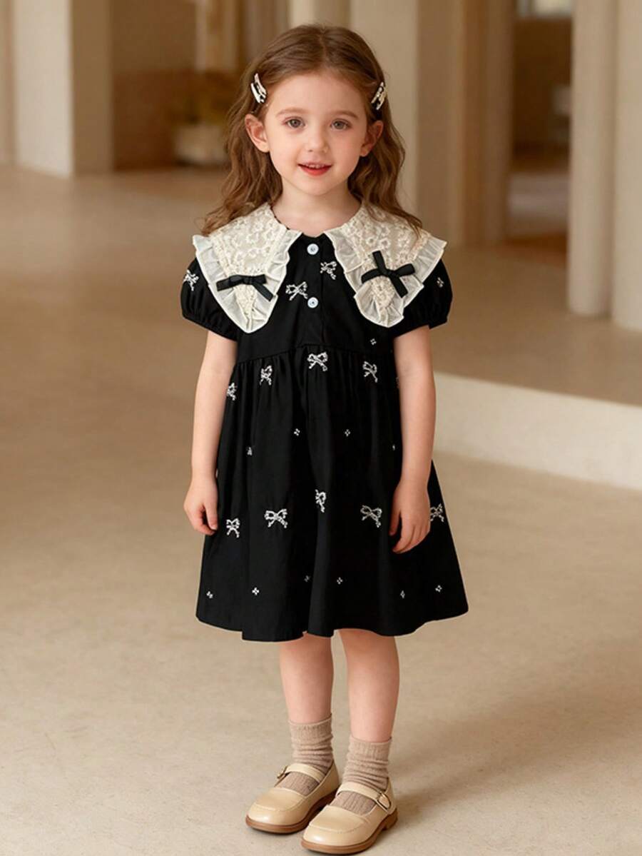 年輕女孩新款夏季風格刺繡蝴蝶結甜美蕾絲裙 - 黑色 - 查看 1