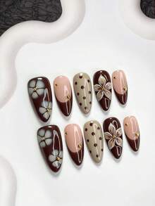 10pcs Vintage French Manicure Stickers, Autumn Nail Art Set, Hand-Painted Mixed Floral Pattern Nail Decorations, Shiny Silver Beads, White Petals, Brown Polka Dots, Warm Tones, Brown Nail Polish, Mature And Steady, Includes Tool Kit (1 Jelly Sticker + 1 Nail File), 3 Sizes Available: Almond, Duck Mouth, Coffin, Suitable For Women And Girls, Commute, Play, Autumn/Winter Daily Nail Care Nails Nail Supplies Handmade Press On Nails - 彩色 - 查看 13