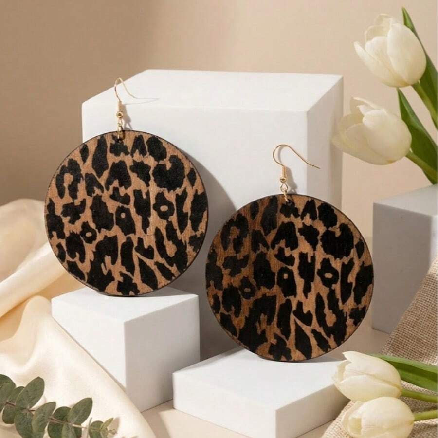 1 Đôi bông tai mặt dây chuyền bằng gỗ in họa tiết da báo, kích thước lớn, phóng đại, thời trang dành cho nữ - Nhiều màu 1 - Xem 1