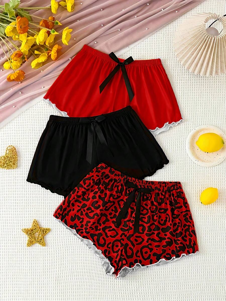 3pcs Contrast Lettuce Trim Solid And Leopard Print Bow Detail Lounge Shorts - Multicolor - View 1
