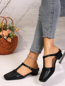 Zapatos de mujer de moda con hebilla de unicolor retro básico de piel de PU, adecuados para playa, boda, fiesta, oficina, exterior, hogar, primavera/verano, casual con patrón de diamante de hebilla de piel de PU para vacaciones - Negro - Ver 4