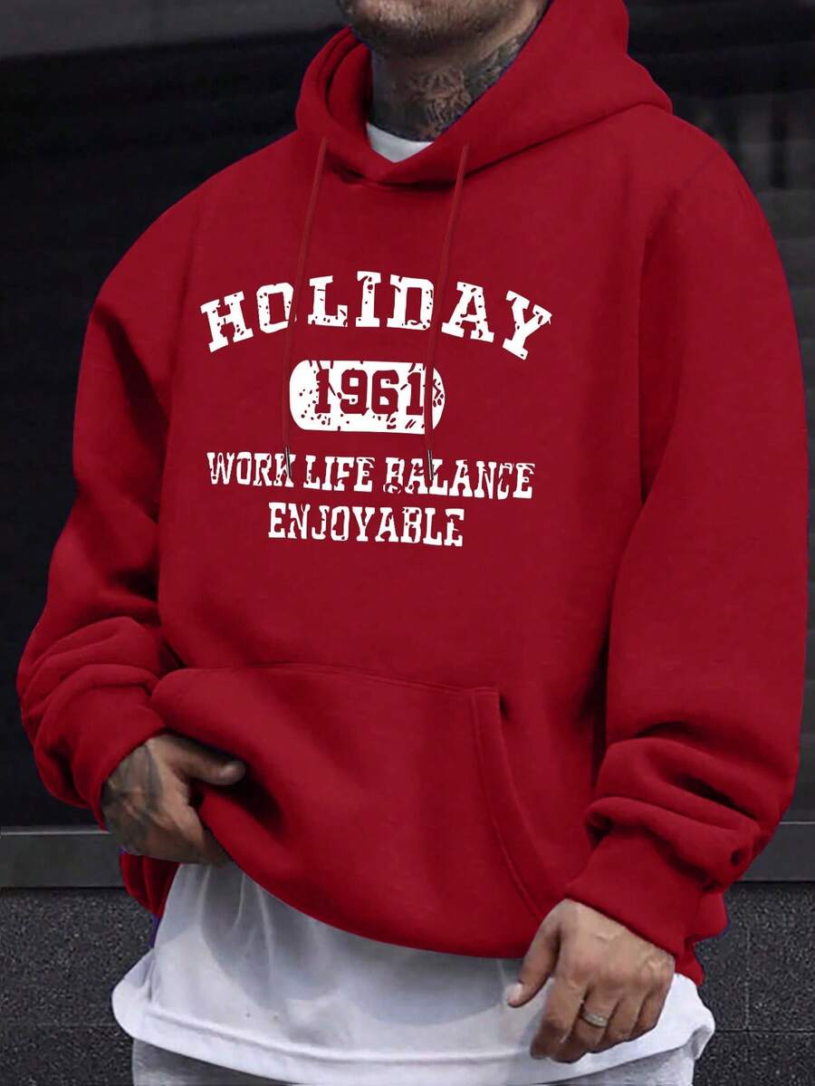 Men's Printed Hoodie With Drawstring And Kangaroo Pocket - Red - View 1