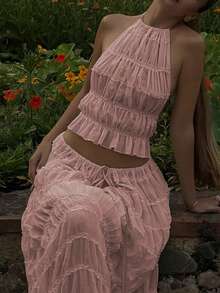 2026 Frühling/Sommer Damen Chiffon zweiteilliges Set mit gerüschter Spitze und rückenfreiem Top, bestehend aus langem Rock und kurzer Bluse, geeignet für Valentinstag, Strandurlaub, Brunch-Dates, elegante Partys sowie Halloween, Partys, Gothic-Stil, Hochzeiten. Dieses elegante Damen-Set mit rückenfreiem Design ist ideal für Weihnachtspartys, Dates und eine modische Wahl für Frühling/Sommer. Rosa. - Pink - Übersicht 2