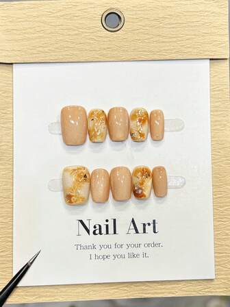 10pcs Handmade Nails Square Nails Press On Nails Medium, Gentle Orange Nails, Flashy Cateye, Smudge Gradient Gold Foil Irregular Glitter Powder, Simple Elegant Luxury Autumn Nails, Minimalist Aesthetic Fall Press On Nail, Versatile Nails DIY False Nail Art Party Daily & Dating Suitable Use In Work Setting Reusable, For Women & Girls As Gift Nail Supplies