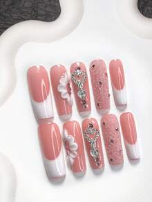 10pcs Romantic French Manicure Set, Cute Stick-On Nail Stickers, Handmade White Flower Nail Decorations, Pink Rhinestone & Silver Heart Nail Accessories, Pink & White Nail Polish, Includes Tool Kit (1 Jelly Sticker + 1 Nail File), 3 Size Options, Almond Shape Nails, Suitable For Outdoor, Wedding, Party, Autumn/Winter Daily Wear Nail Supplies Handmade Press On Nails - 彩色 - 查看 17