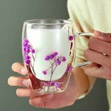 Taza de vidrio de doble capa con patrón de flores creativas, taza de café con aislamiento de borosilicato alto, vasos de cocina, accesorios para el hogar - Púrpura estrellado - Ver 8