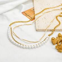 18K Gold Plated Stainless Steel Vintage Snake Bone Wrapped Pearl Necklace, Layered Choker Necklace, Elegant Gift For Women, Suitable For Daily Wear Or Christmas Gift - Gold - View 3