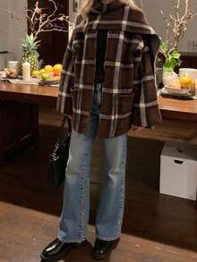 女士秋冬时尚欧式图案针织围巾，休闲短款外套 - 棕色 - 查看 5