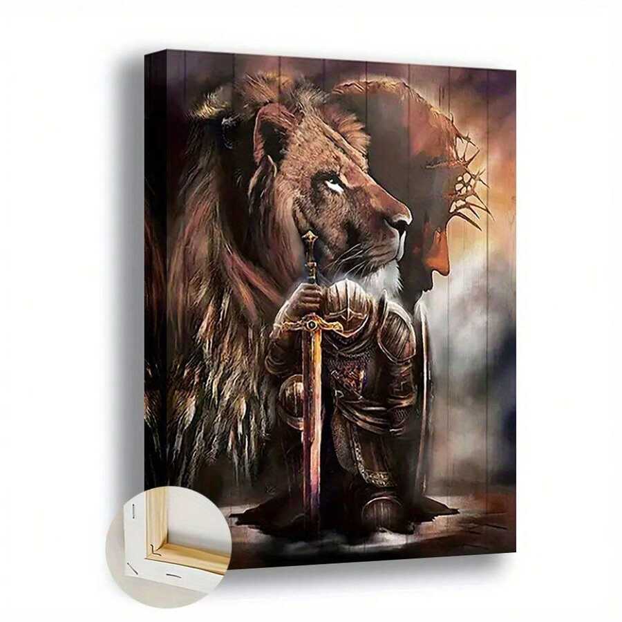 1pc Lion Of Judah & Knight Framed Canvas Wall Art – Majestic Lion With Sword And Shield, Wooden Frame, Dramatic Sky Background, Perfect For Home, Office, Bar, Or Bedroom Decor, Lion Wall Decor - Nhiều màu - Xem 1