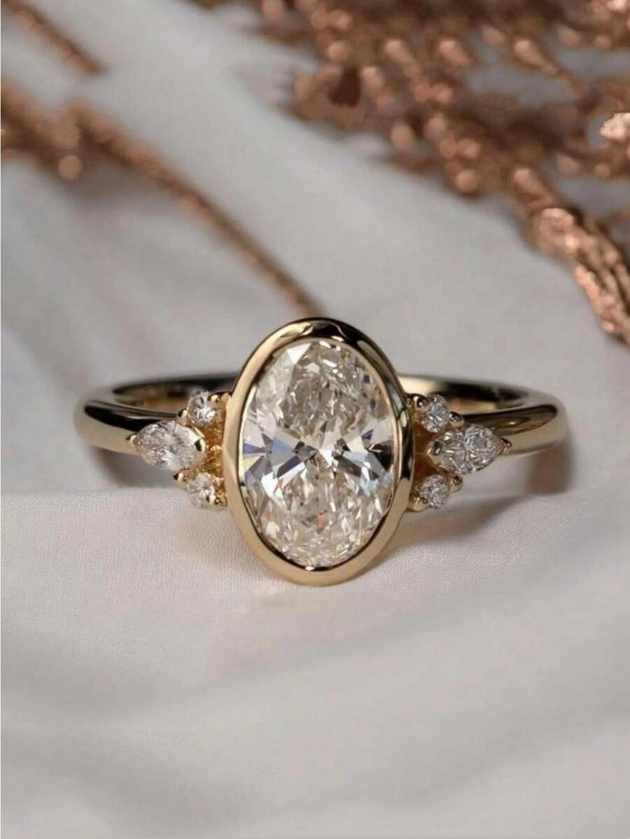 Charm Cubic Zirconia Golden Ring For Women Wedding Engagement Ring Bridal Proposal Jewelry Birthday Anniversary Christmas Gift Daily Vacation Gift From A Best Friend - Gold - View 1