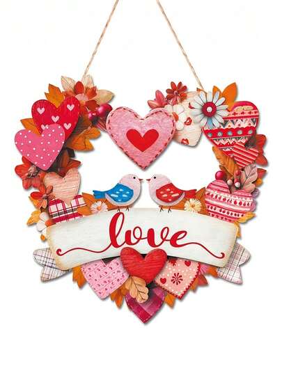 1件情人节心形花环门挂 - 人造/木质情人节门饰，带心形镂空和花环框架，室内/室外农舍风格门墙窗户挂饰，易于安装，适合门廊、小屋等全年使用。