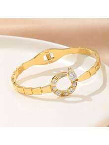 1pc Rhinestone Encrusted Golden Snake Design Unisex Retro Street Hip-Hop Luxury Bracelet (OPP Bag Packaging) - Gold - View 3