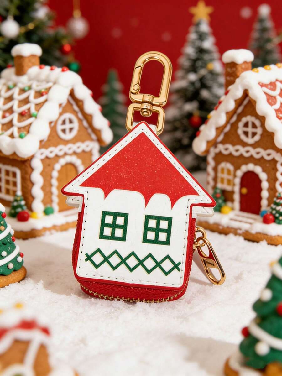 FOREVER MIYIN Monedero con diseño de casa de dibujos animados navideños y cartas de juego, compatible con Airtag y billetera, llavero monedero mini con cremallera, adecuado para mujer, regalo perfecto de Navidad, viaje y uso diario - Multicolor - Ver 1