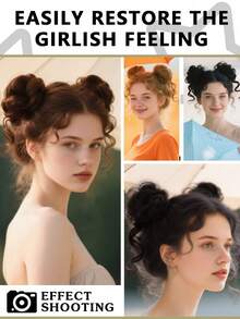 2pcs Cute Bun Hair Scrunchie, Kids Girls Fake Hair Buns Hair Band With Long Hair Extensions