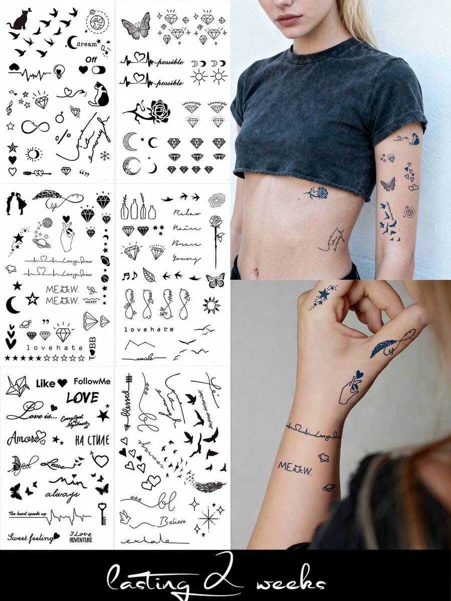 CAT QUEEN ART 6张/1张半永久纹身贴纸，小巧精致的Y2K元素，浪漫玫瑰、星星、月亮、小鸟、钻石、羽毛图案，临时假纹身贴纸，适合DIY嘉年华、情人节、派对礼物，可贴于手腕、脚踝、肩膀、脖子、锁骨等部位，可维持1-2周，不褪色、不反光、防水，逼真纹身贴纸。