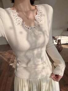 Elegant V-Neck Lace Long Sleeve Knit Undershirt, Fashion Women's V-Neck Long Sleeve Knit T-Shirt, Featuring Delicate Lace Trim At Neckline And Cuffs, Can Be Worn Alone Or As A Base Layer - Apricot - View 1
