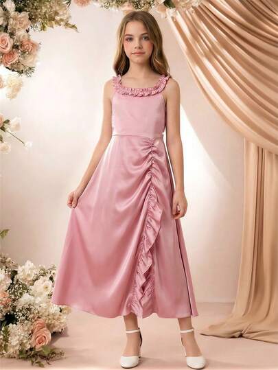 Girls' Pink Pleated Sleeveless Dress, Elegant Round Neck Fashion Long Dress