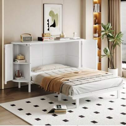 Schrankbett 140 X 200 Cm, Wandbett Mit Lattenrost, Wandklappbett, Vertical Schrankbett Mit Lattenrost, Mit Staufächern, Rattan-Design, Holzbetten, Jugendbetten, Einzelbetten,Weiß
