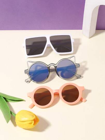 1Set 3PCS Boys And Girls 4-8Y Candy-Colored Casual Square Frame,Cute Cat Eye Frame And Retro Round Frame Polycarbonate Fashion Glasses For Outdoor And Everyday Outfit Coordination With Glasses Box