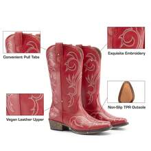 Botas de Vaquero para Mujer de Media Pantorrilla con Punta Cuadrada, Cowboy Boots para Dama con Tacón Grueso - Rojo - Ver 8