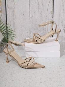 Women's New Metallic Gold Stilettos High Heel Sandals, Pointed Toe Strap Stilettos, Hollow Out Versatile Dress Shoes For Outdoor, Party, Gathering