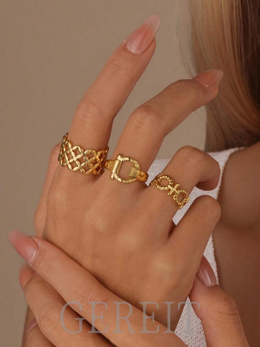 GEREIT 3pcs 18K Stainless Steel Asymmetrical Gold Ring Set, Suitable For Women's Daily Wear, Mother's Day Gift - Gold - View 1